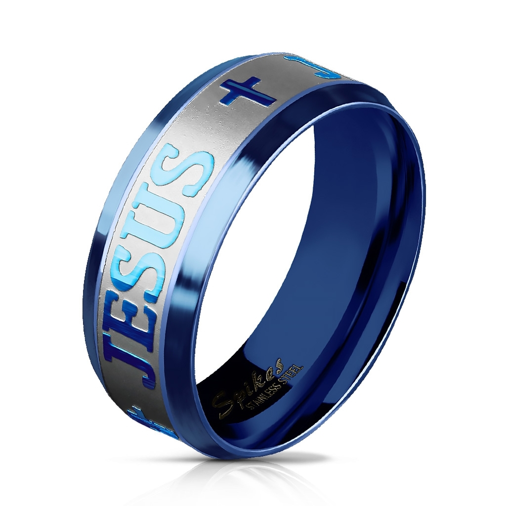 Brushed Steel Center and PVD Blue JESUS and Crosses Engraved Around